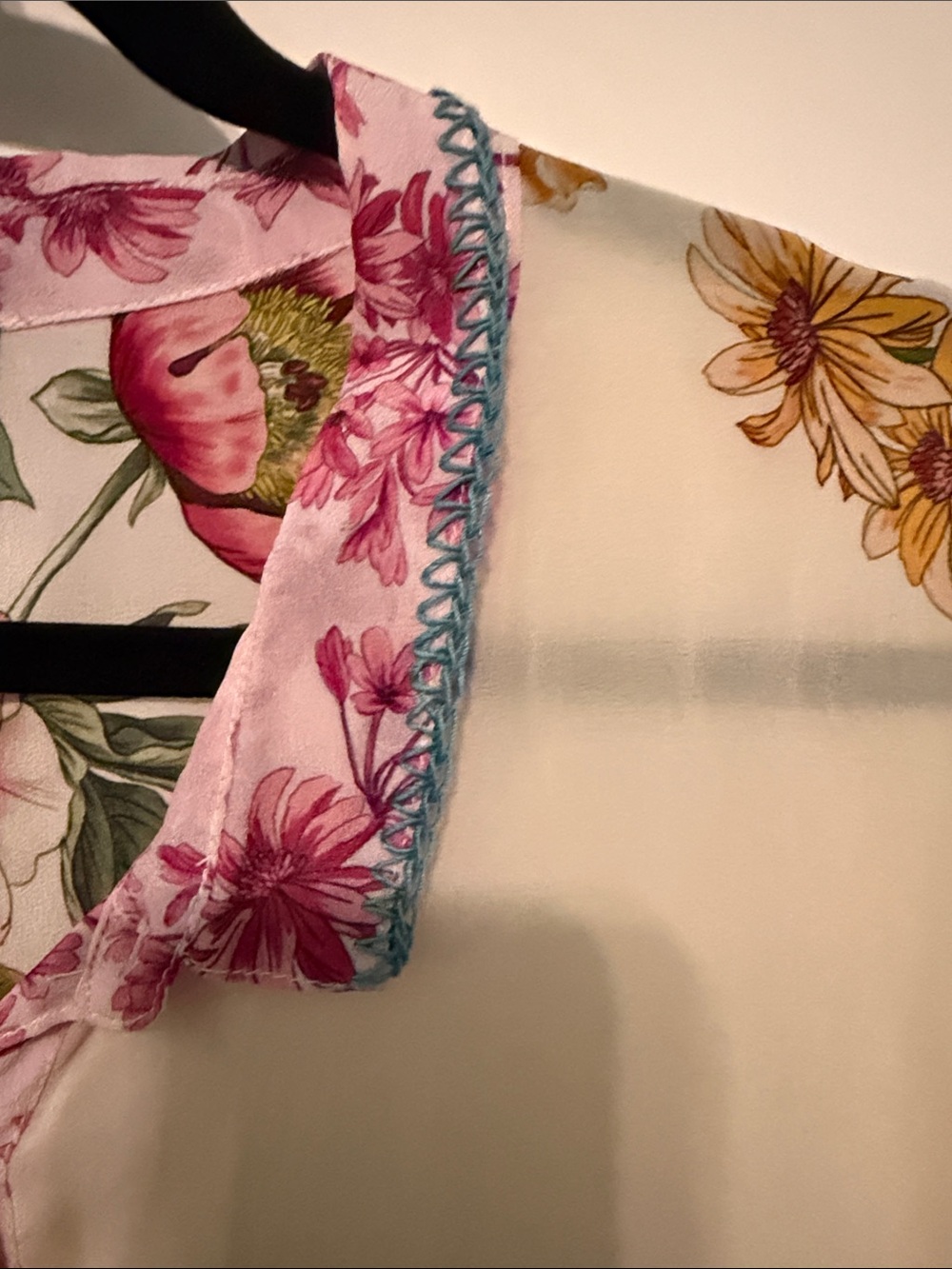 Johnny Was 100% Silk Floral and Butterfly Button-Up Blouse with Blue Stripe Hem - Picture 5 of 8